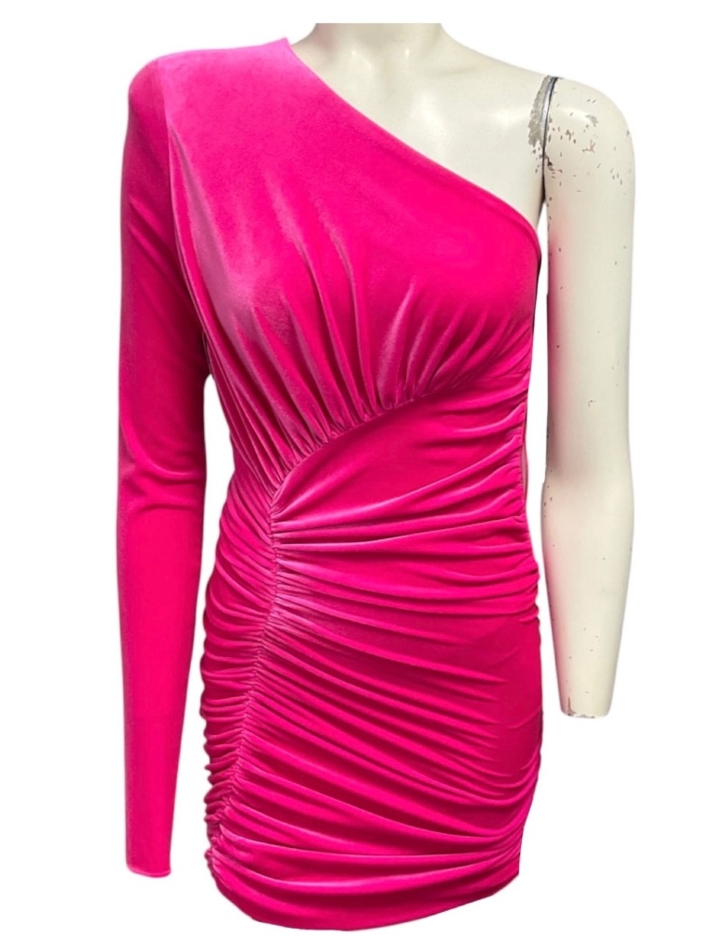 ALEXANDRE VAUTHIER NEON PINK ONE SHOULDER VELVET MINI DRESS